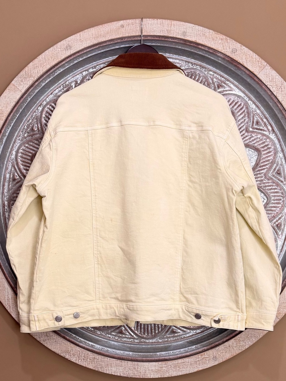 Altar'd State Butter Yellow Barn Jean Jacket with Brown Corduroy Collar - Picture 5 of 6